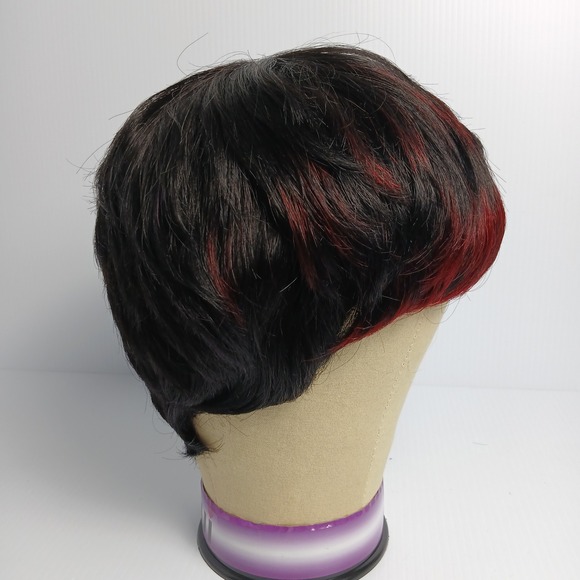 Womens Short Pixie Cut Human Hair Wig Black w/ Burgundy Highlights Glueless New - Picture 2 of 6